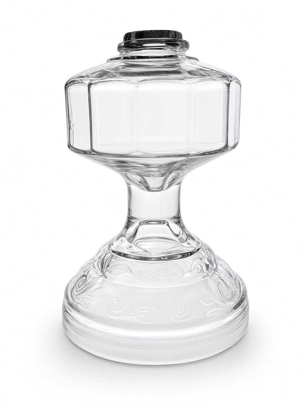 Vintage Clear Pressed Glass Lamp Base, Hexagonal Panel, Scroll Etched Foot